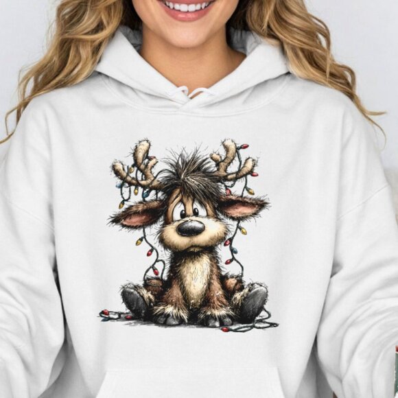 Reindeer Lights Hoodie Funny Holiday Animal Art Festive Winter Sweatshirt White - Picture 1 of 4